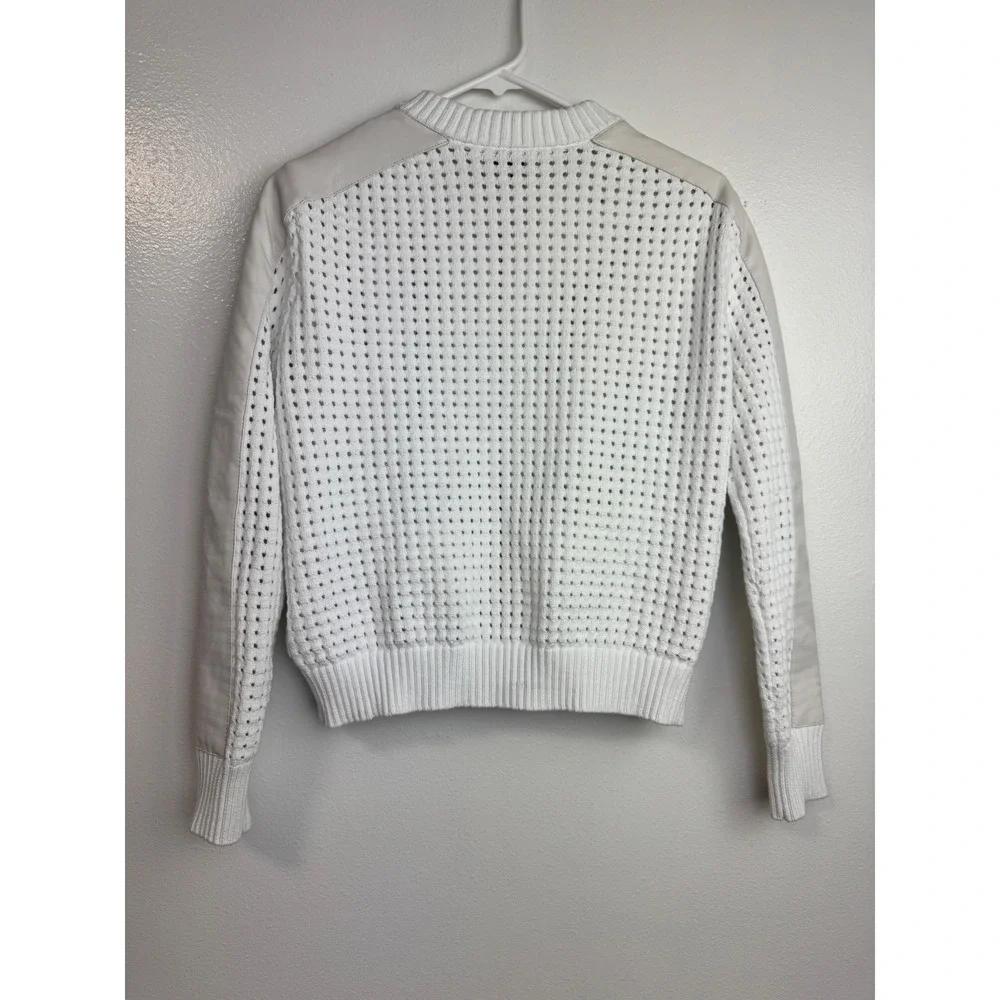 Evereve Harlow White Pointelle Open Knit Bomber Jacket Faux Leather Trim XS